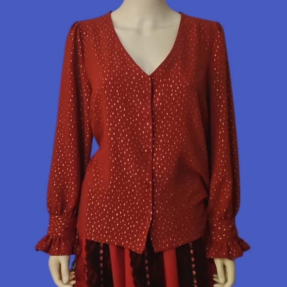 Emily Daniels Tops - EMILY DANIELS Hot Pink Metallic Gold Poet Ruffle Sleeve Button Down Shirt